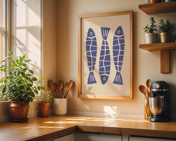 Blue Fish Print, Minimalist Fish Poster, Sardines Art Print, Retro Mediterranean Decor, Kitchen Wall Art, Coastal PRINTABLE Art, No. A-201