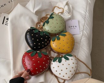 Cute Strawberry Shaped Purse For Girls - PU Crossbody Bag With Detachable Strap & Rivets, Yellow