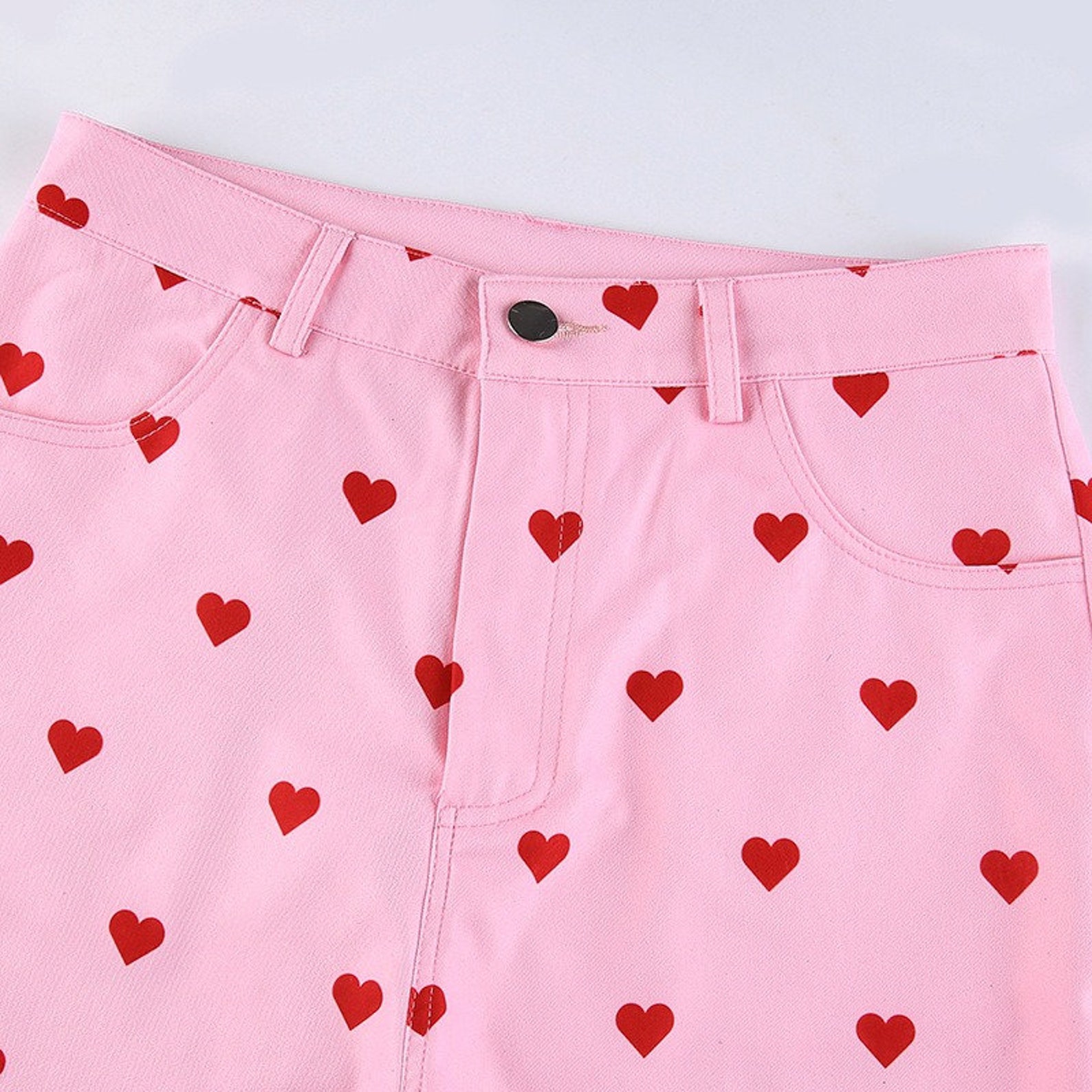 Heart Print Flare Pants High Waist Pink Trouser Baggy Wide Etsy