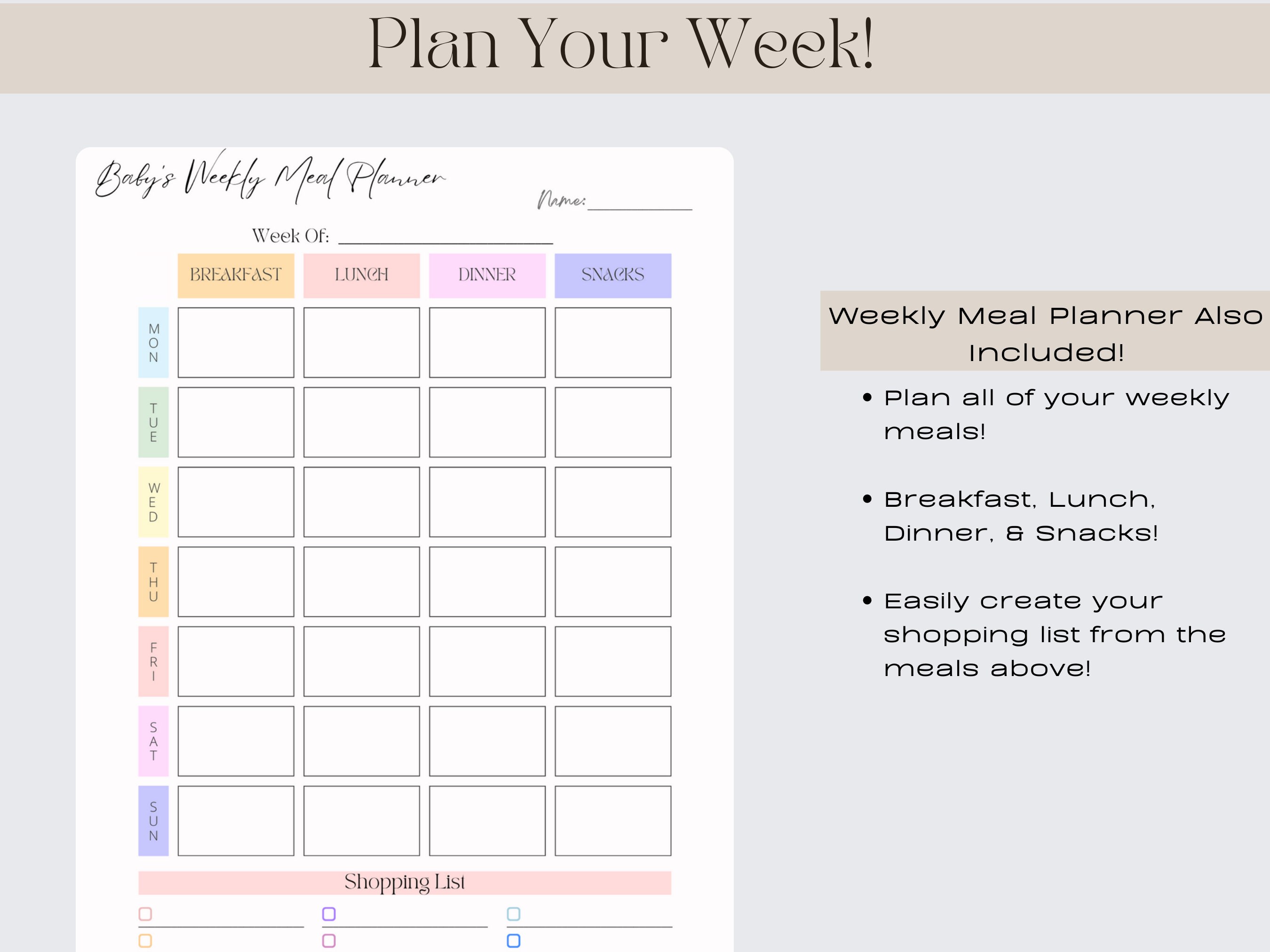 BABY FOOD CHECKLIST Food Checklist & Weekly Meal Plan Printables Solid
