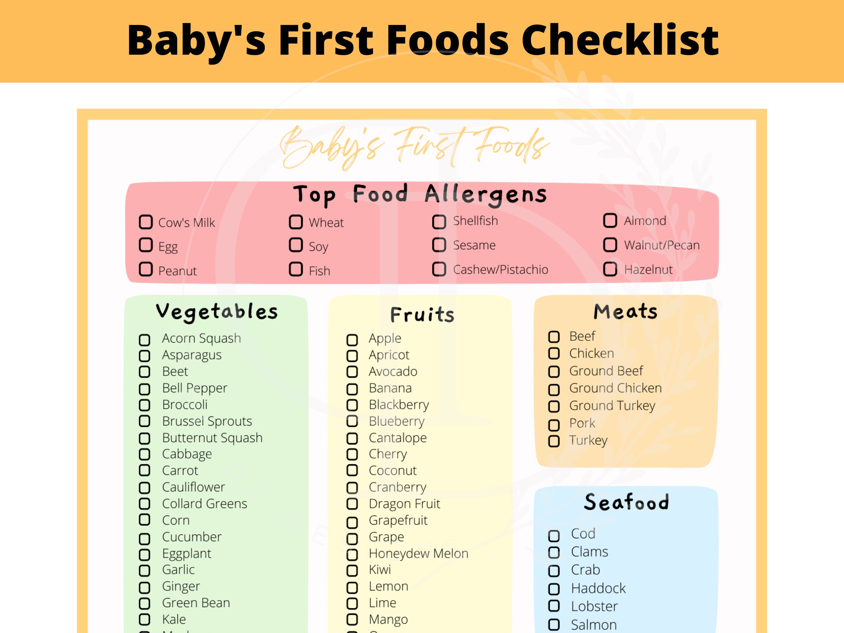 BABY FOOD CHECKLIST Food Checklist & Weekly Meal Plan Printables Solid ...