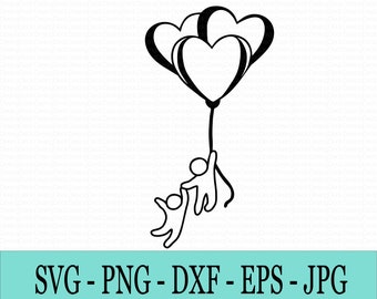 Fliegender HerzBallon, Liebe Hand in Hand, digitale Download-Datei, Svg - Eps - Png - Dxf - Jpg-Dateien sind als Reißverschluss erhältlich.