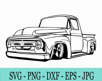 May include: Black and white line art illustration of a vintage pickup truck. The truck has a large grille, a rounded hood, and a single cab. The truck is facing the viewer and has large wheels.