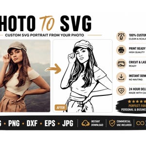 May include: A digital service graphic titled PHOTO TO SVG showing a before and after comparison of a portrait. The left side displays a colour photograph of a person in a cap, and the right side shows a black and white line art vector illustration.