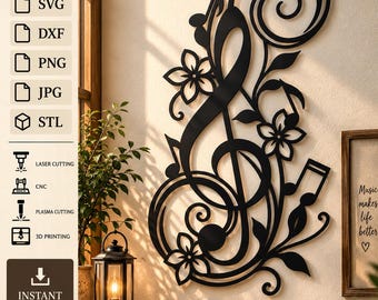 Floral Treble Clef SVG DXF, Music Wall Art Laser Cut File, Musical