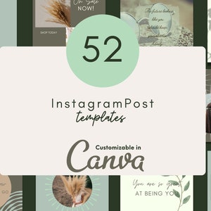 Puede incluir: Un collage de 52 plantillas de publicaciones de Instagram con un esquema de color verde y marrón. El texto "Plantillas de publicaciones de Instagram" y "Personalizable en Canva" aparece en el centro de la imagen.