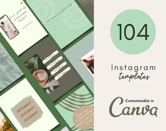 104 modèles Instagram vert | Modèles de toile menthe | Modèles Boho Canvas | Lot de publications et d'histoires Instagram | Pack de modèles Instagram