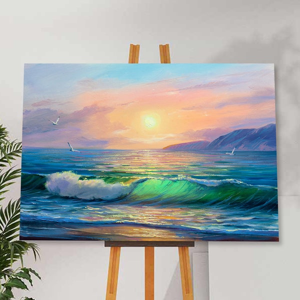 Sunrise Seascape Canvas Print: Modern Impressionist Beach Painting, Ready to Hang