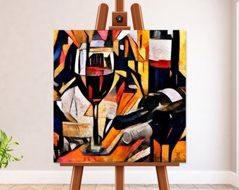 Cubist Wine Bottle Canvas Print, Abstract Still Life Wall Art, Ready to Hang