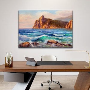 Rocky Coastline Painting, Canvas Print, Oil Painting Original Modern Impressionism Art, Sea Ocean Painting, Ready to Hang Wall Art Decor