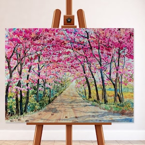 Pinkish Wall Art for Living Room Cherry Blossom Painting Canvas Art Print Impressionist Art Landscape Painting Ready to Hang Boho Wall Decor