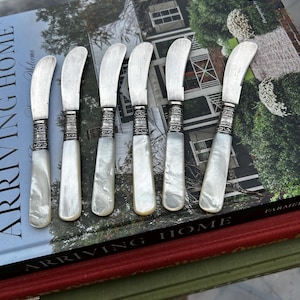 Antique Meriden Cutlery Co 1855 Butter Spreaders Set of 6 Mother of Pearl Sterling Ferrules Victorian Flatware