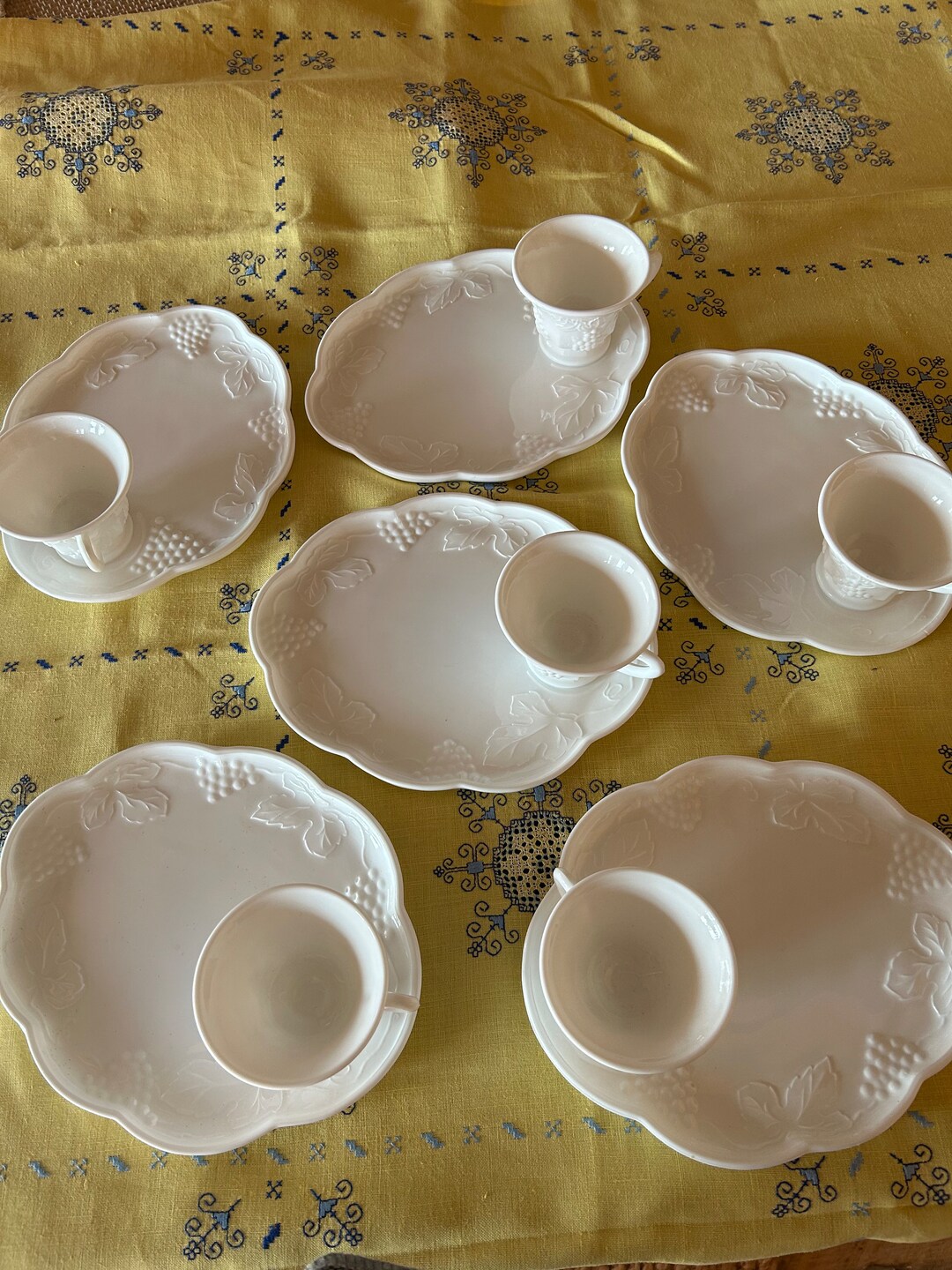 Set of 6 Milk Glass Luncheon Plates With Cups Etsy
