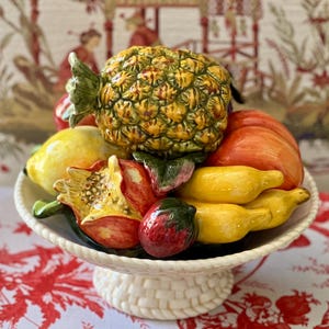 Vintage Italian Ceramic Fruit Topiary in Footed Basket – Majolica Style Centerpiece