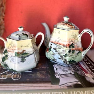 Vintage Asian-Inspired Porcelain Teapot | Hand-Painted Landscape Scene with Lid and Sugar dish. Made in Nippon.