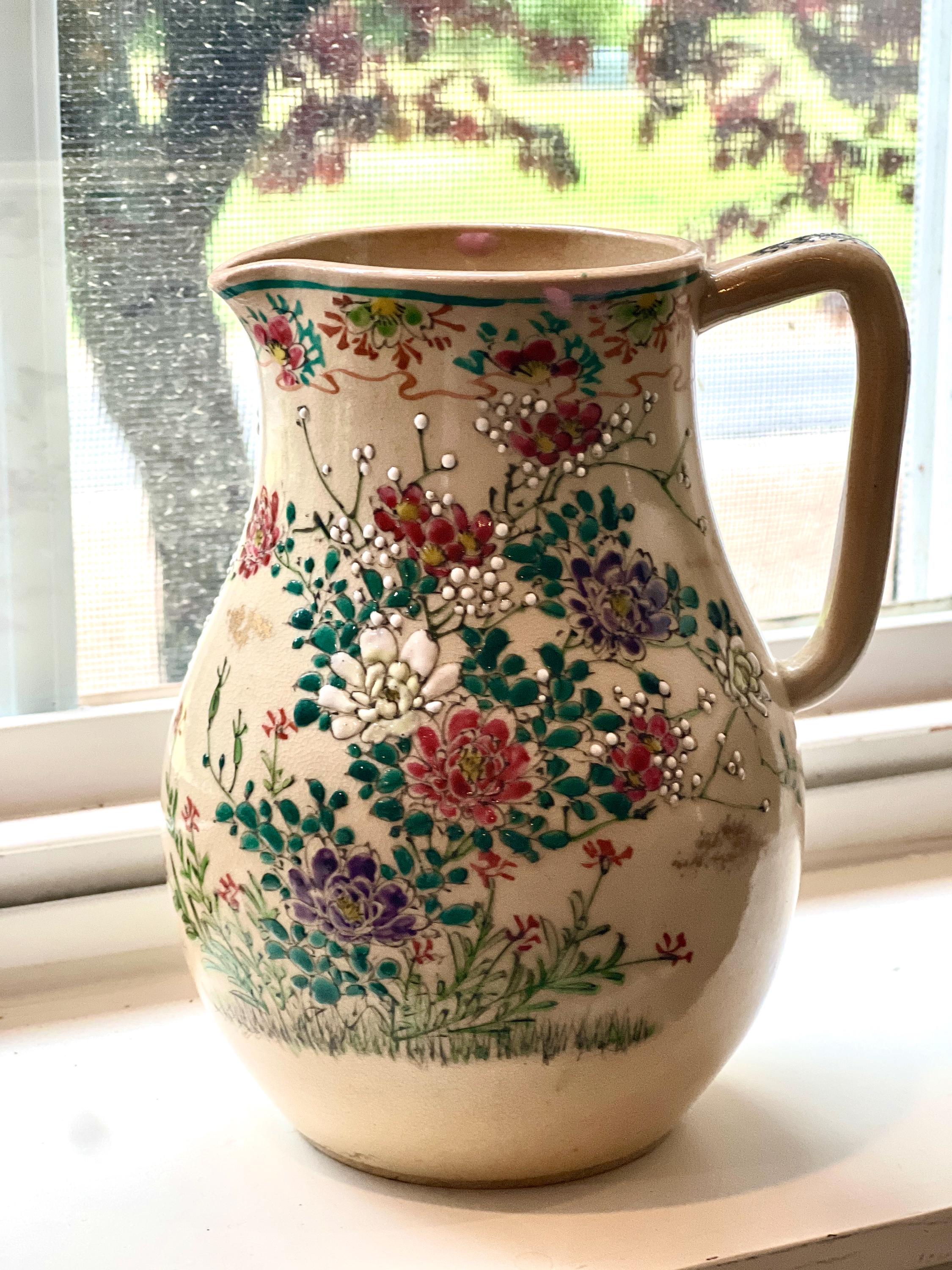 【花瓶】スペイン　花柄手描き絵　ヴィンテージピッチャー 花瓶】スペイン 花柄手描き絵 ヴィンテージピッチャー 花瓶】スペイン