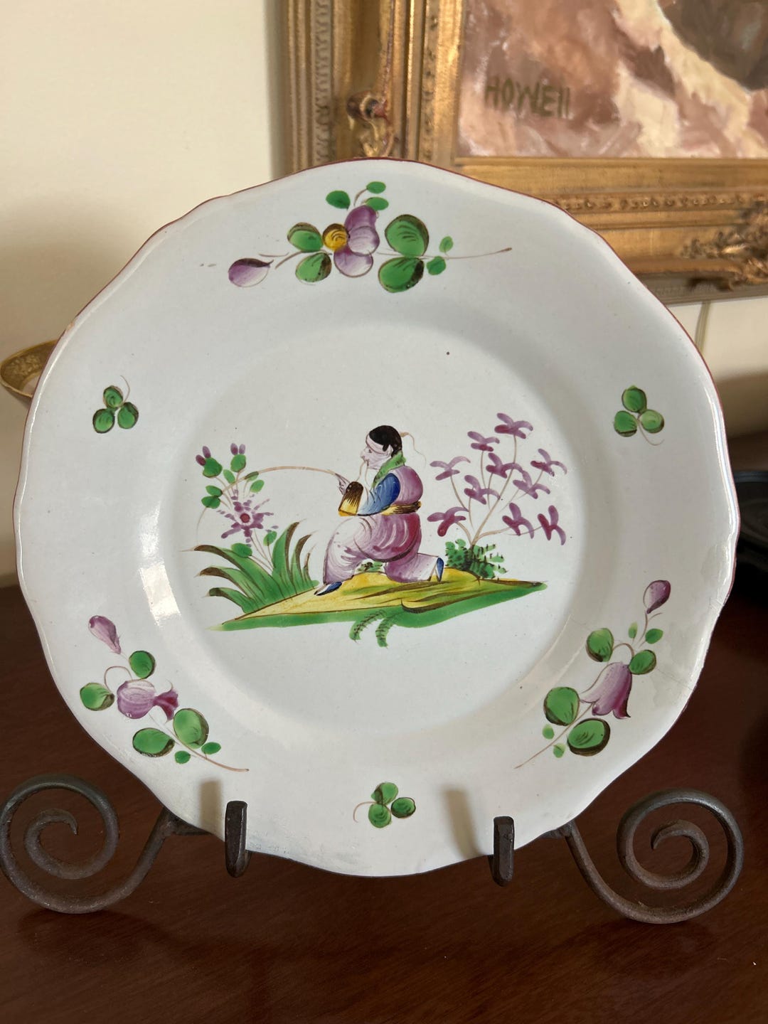 Antique French Faience Plate With Figural Garden Scene | Hand