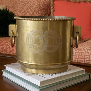 Vintage Brass Cachepot with Chinese Longevity Symbols & Ring Handles