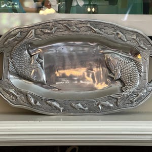 Vintage Metal Fish Serving Platter – Embossed Seafood Tray with Handles