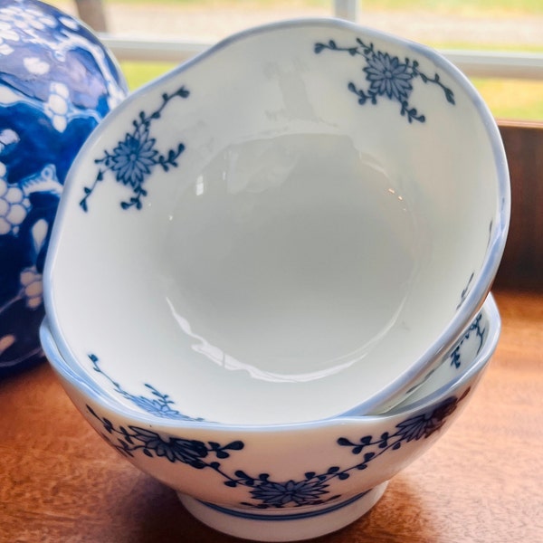 2 Gorgeous Blue and White Japanese Footed Rice Bowls with Scalloped Edge