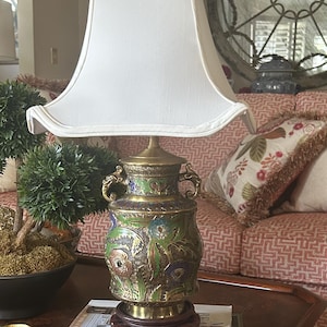 Japanese Cloisonné Table Lamp: Pagoda Shade, Floral Enamel, Brass Accents