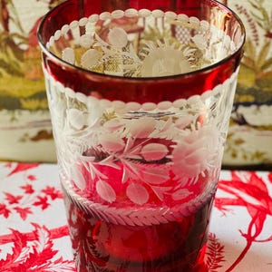 Vintage Bohemian Ruby Red Cut to Clear Glass Vase – Etched Floral and Leaf Design