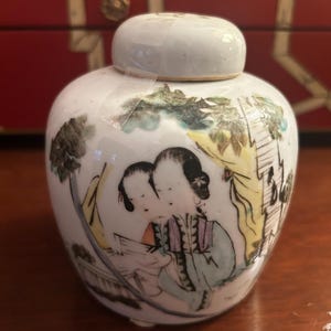 Vaso antico in porcellana cinese con calligrafia e scena figurativa, vaso per lo zenzero in stile dinastia Qing immagine 1