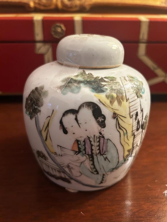 Antique Chinese Porcelain Scholar Jar with Calligraphy & Figural Scene, Qing Dynasty Style Ginger Jar