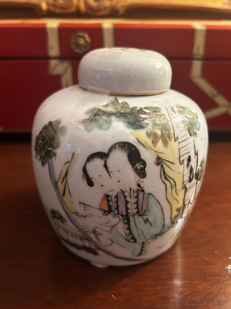Vaso antico in porcellana cinese con calligrafia e scena figurativa, vaso per lo zenzero in stile dinastia Qing immagine 1
