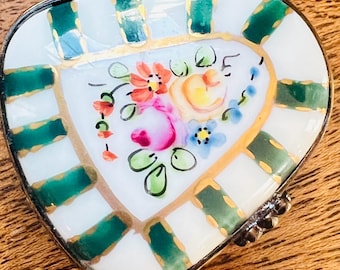 Vintage Limoges France Hand-Painted Heart Trinket Box on Feet – Floral Stripes, Peint Main, Signed