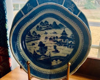 Antique Chinese Export Blue Canton Shrimp Bowl | Qing Dynasty Porcelain Harbor Scenic