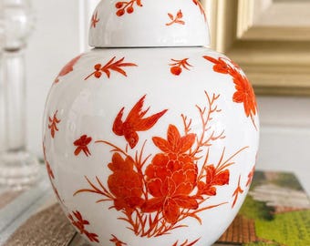 Vintage Ginger Jar Red Floral Bird