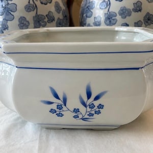 Könnte beinhalten: Weißer Keramik-Pflanztopf mit blauem Blumendesign. Der Pflanztopf hat eine rechteckige Form mit geschwungenen Seiten und einem leicht ausgestellten Rand. Blaue Linien akzentuieren den Rand und die Basis. Das Blumendesign zeigt blaue Blätter und kleine Blüten.