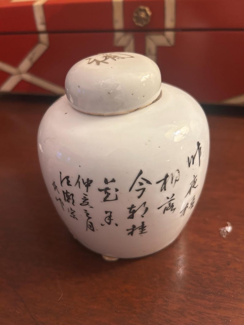Pu&ograve; includere: Un piccolo vaso di ceramica bianca con corpo arrotondato e coperchio. Il vaso &egrave; decorato con calligrafia nera. Il coperchio presenta un design semplice. Il vaso &egrave; su una superficie di legno.