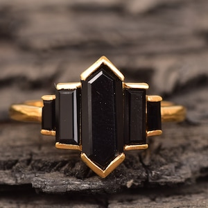 Langer Hexagon Cut Natürlicher Onyx Verlobungsring, Cluster Baguette Ring, Lünette Set Art Deco Braut Versprechensring, Geburtstagsgeschenk