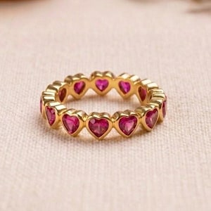 Bezel Set Ruby Heart Band: 14k Gold Eternity Ring