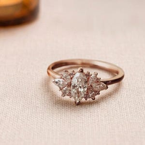 Marquise Moissanite Starburst Ring: 14K Yellow Gold Cluster Anniversary Ring