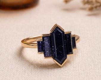 Hexagon Blue Sandstone Ring: Vintage Rose Gold Engagement Ring Galaxy Ring Baguette cut Sandstone Ring Bridal Anniversary Ring for Women