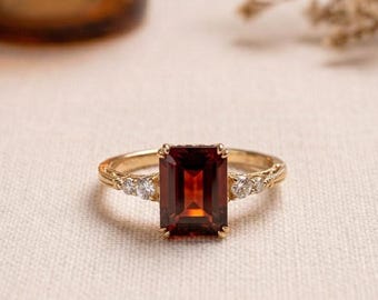 Emerald Cut Ruby Engagement Ring: Moissanite Cluster, 14k Gold Art Deco Ring