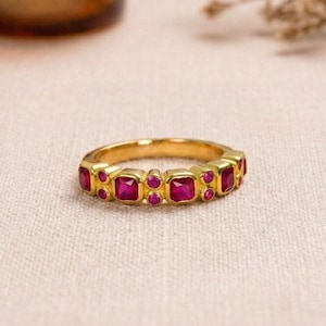 Princess Cut Ruby Half Eternity Ring: 14k Gold Art Deco Band