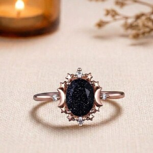 Blue Sandstone Crystal Ring: Vintage Celestial Moon Star Rose Gold Sterling Silver