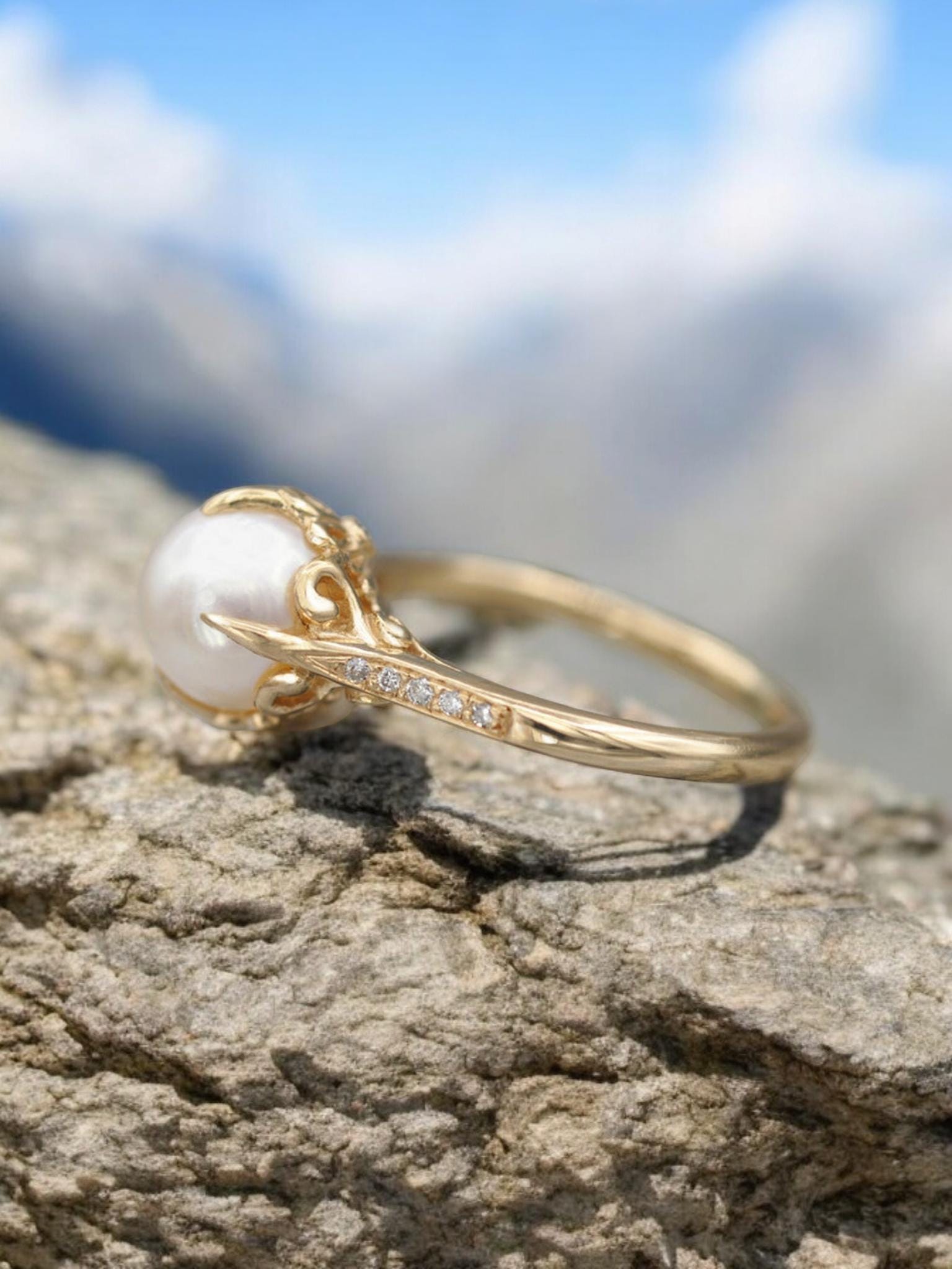 Round Cut Pearl Engagement Ring, Real Pearl Solitaire Ring, Rose Gold Diamond Ring, Fresh Water Pearl Wedding Ring, Promise Rings for Women