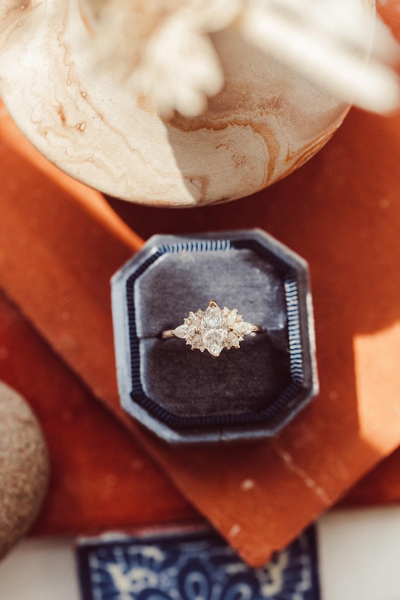 Marquise Moissanite Starburst Ring: 14K Yellow Gold Cluster Anniversary Ring