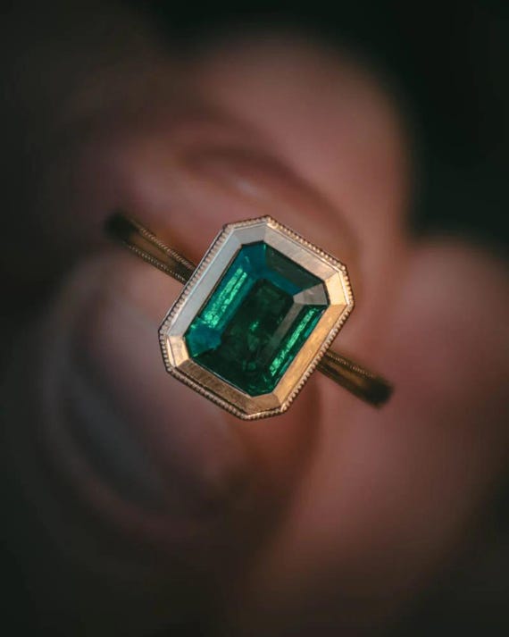 Emerald Bezel Set Solitaire Ring, Dainty Green Gemstone Engagement
