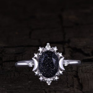 Blue Sandstone Crystal Ring: Vintage Celestial Moon Star Rose Gold Sterling Silver