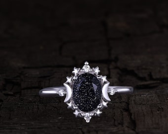 Crystal Engagement Ring Crystal Ring Blue Sandstone Engagement Ring Vintage Celestial Unique Moon and Star Ring Women Rose Gold Promise Ring