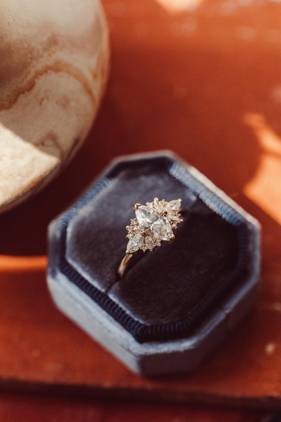 Marquise Moissanite Starburst Ring: 14K Yellow Gold Cluster Anniversary Ring