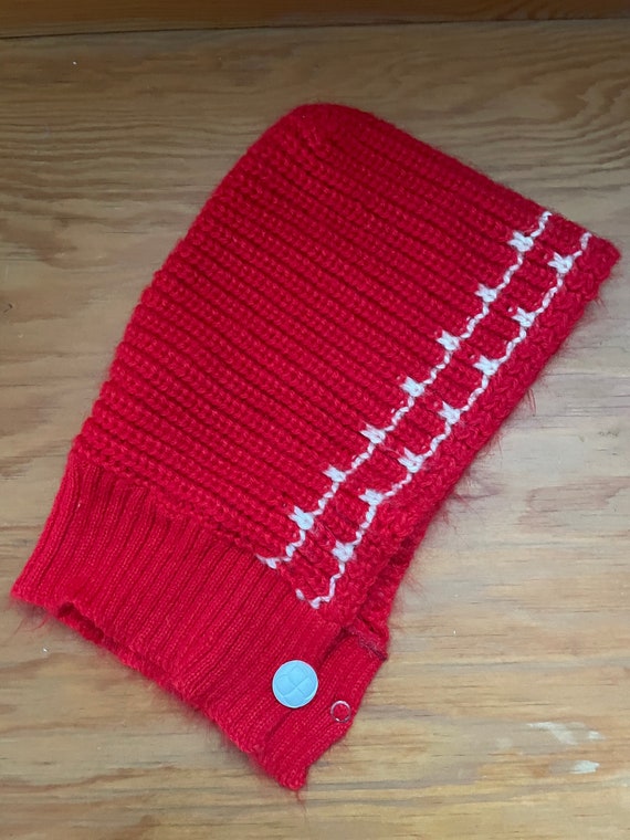 Vintage red hand knitted woman's ski hat with butt