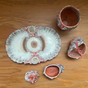 unusual tropical ceramic orange cut coral tray and container set