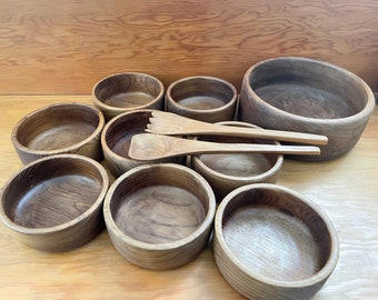 mid century teak 11 piece salad bowl set good wood made in Thailand